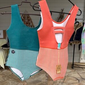 Kudo Surf Striped Teal and Coral Swimsuits